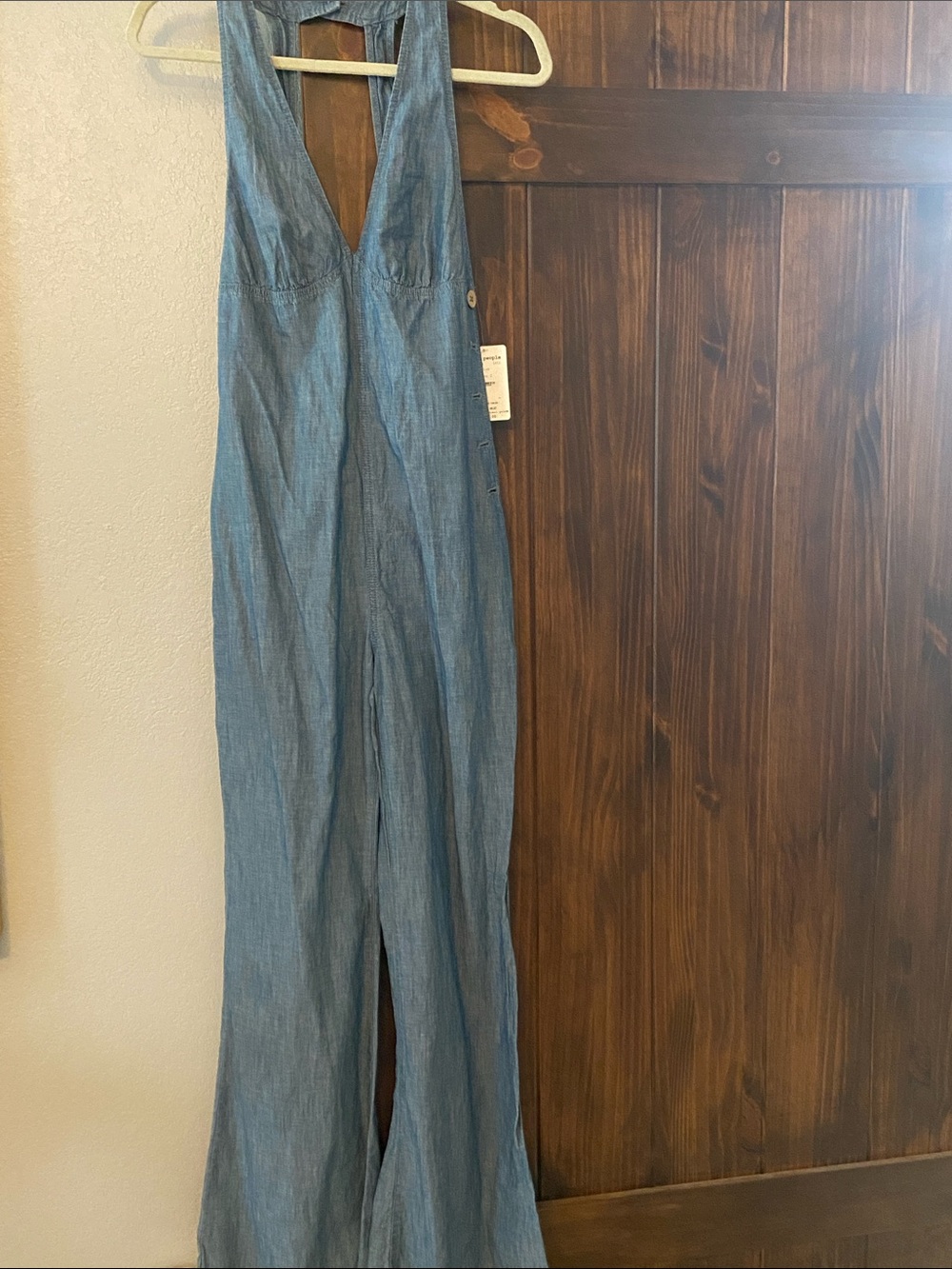 Free People Light Blue Denim Halter Jumpsuit